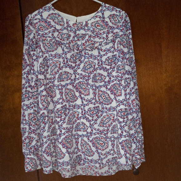 Talbots XL Peasant Top Paisley Ruffle Neck Red White Blue - Picture 3 of 11
